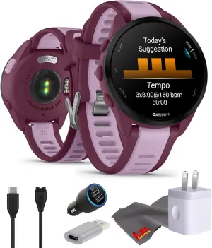 Garmin Forerunner 165 Music GPS Running Smartwatch, Fitness Tracker Smart Watch for Men and Women Bundle with Accessories - Berry/Lilac