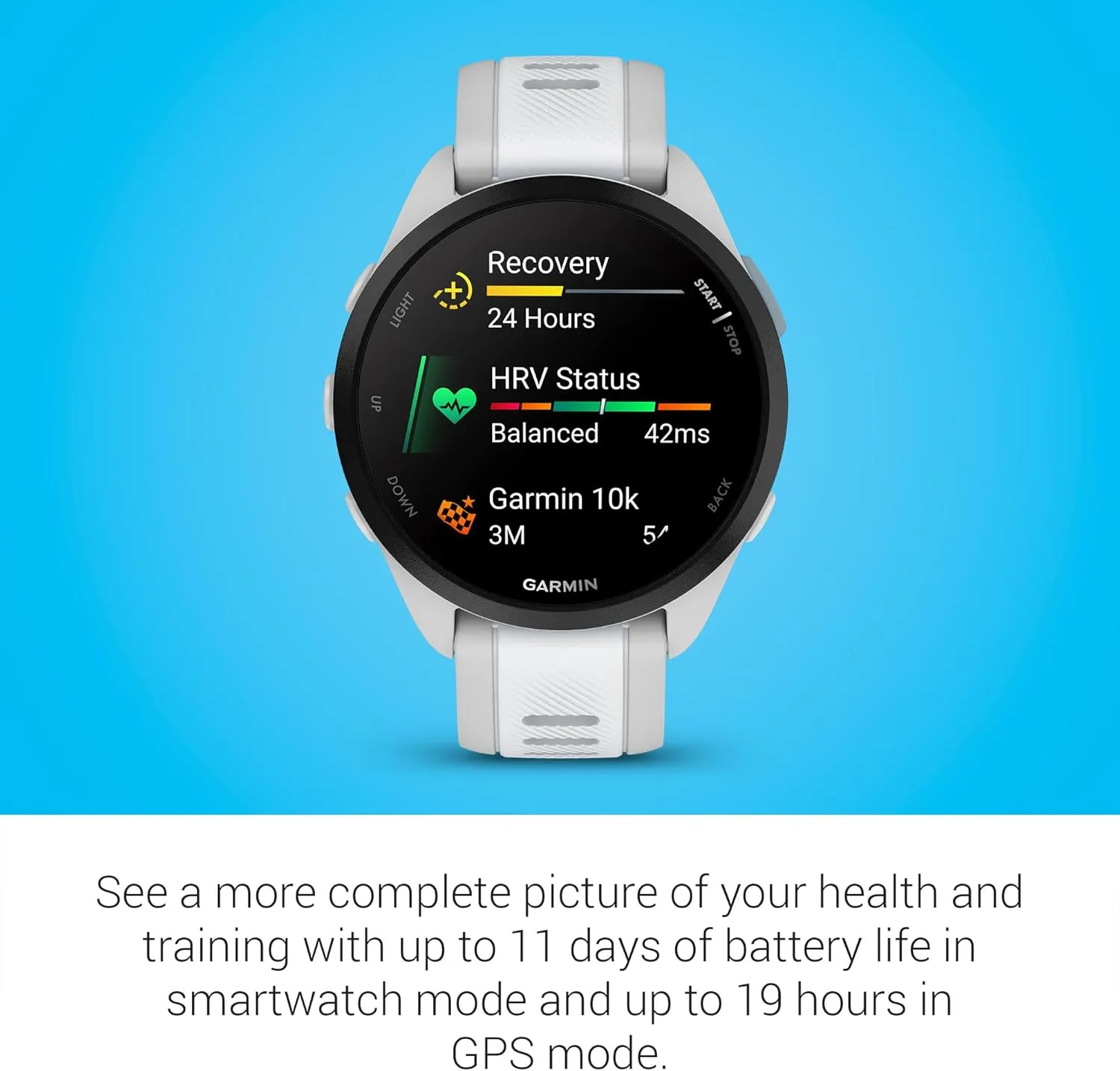 Garmin Forerunner 165 Music, Running Smartwatch, Colorful AMOLED Display, Training Metrics and Recovery Insights, Music on Your Wrist, Whitestone