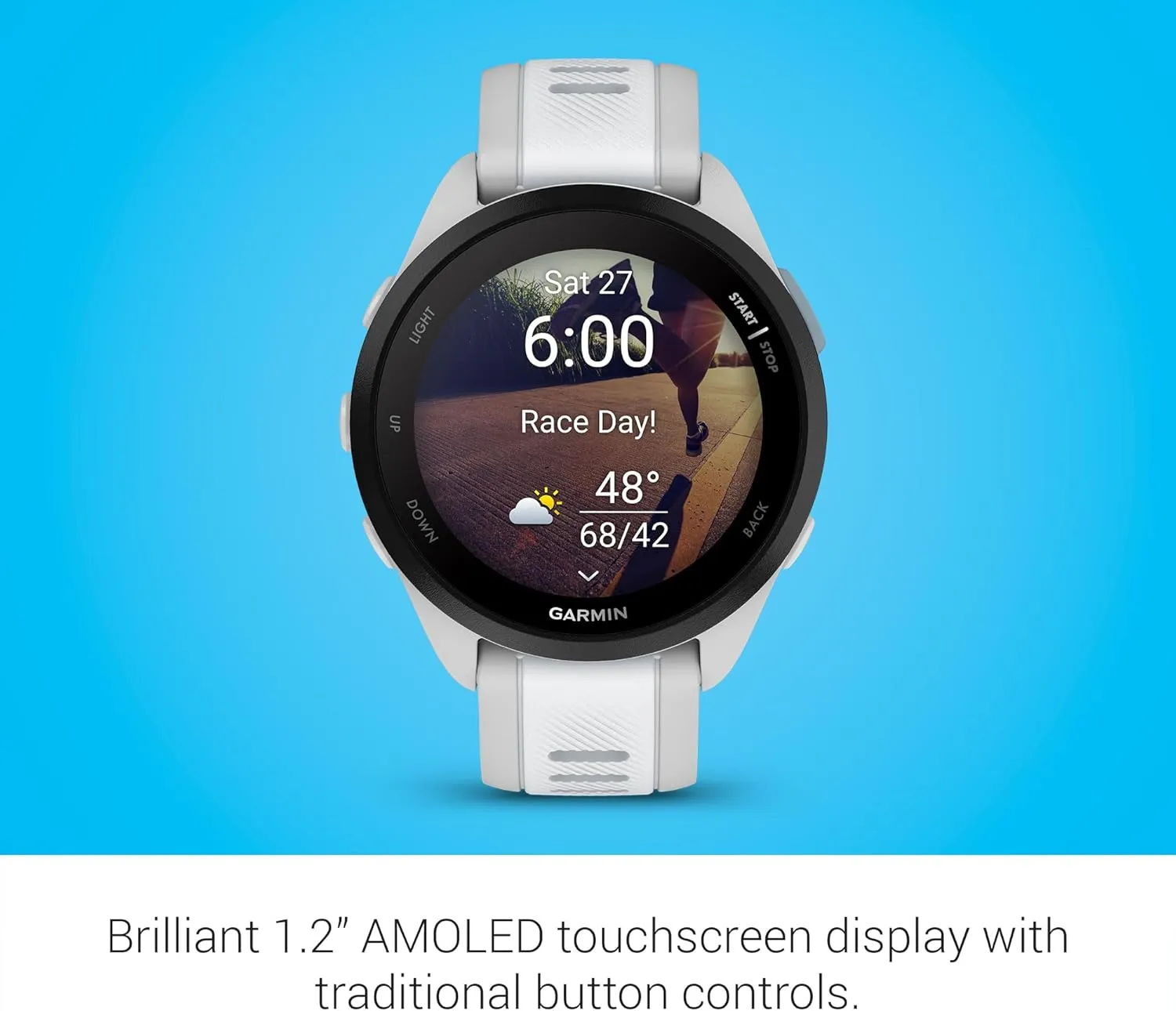 Garmin Forerunner 165 Music, Running Smartwatch, Colorful AMOLED Display, Training Metrics and Recovery Insights, Music on Your Wrist, Whitestone