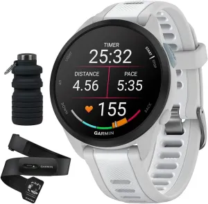 Garmin Forerunner 165 Music Smart Sport Watch, Mist Gray   Whitestone with HRM 200 Heart Rate Monitor Strap (M-XL) Bundle with Deco Essentials Collapsable Water Bottle