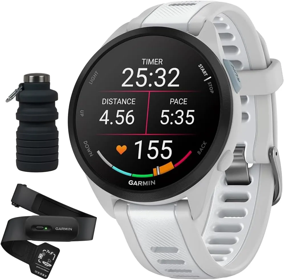 Garmin Forerunner 165 Music Smart Sport Watch, Mist Gray   Whitestone with HRM 200 Heart Rate Monitor Strap (M-XL) Bundle with Deco Essentials Collapsable Water Bottle
