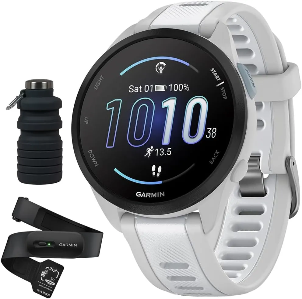 Garmin Forerunner 165 Smart Sport Watch, Mist Gray   Whitestone with HRM 200 Heart Rate Monitor Strap (M-XL) Bundle with Deco Essentials Collapsable Water Bottle