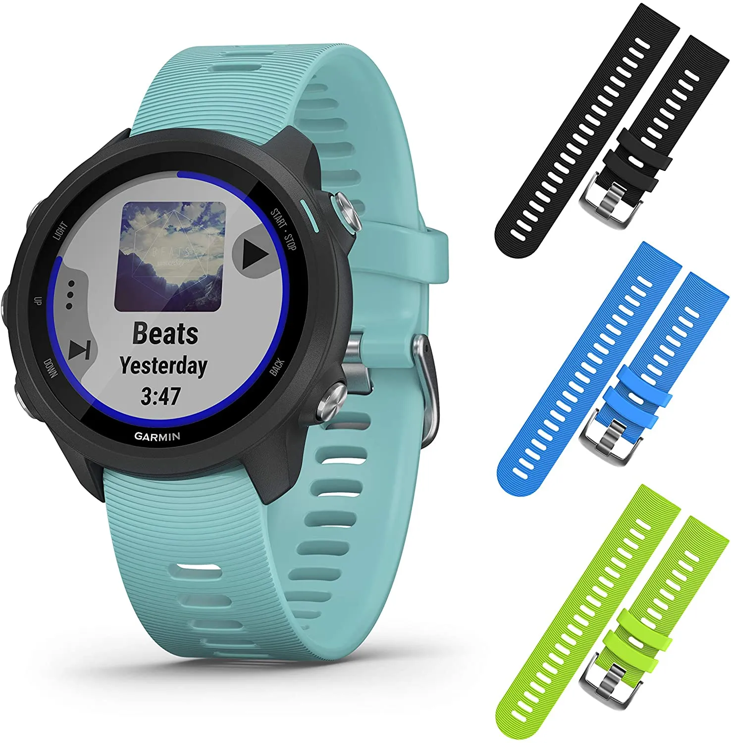 Garmin Forerunner 245 GPS Running Smartwatch with Included Wearable4U 3 Straps Bundle (Aqua Music 010-02120-22, Black/Blue/Lime)