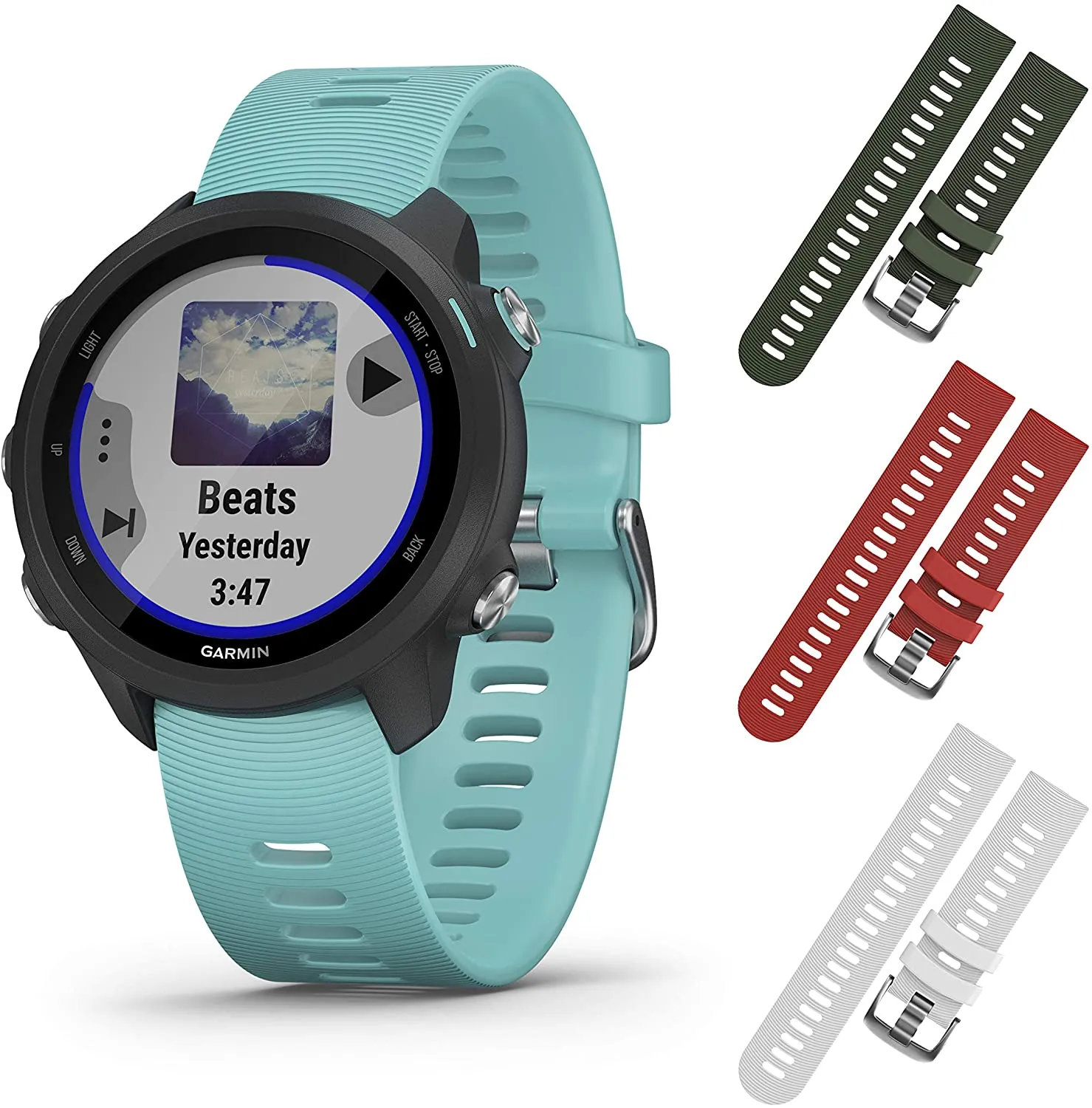 Garmin Forerunner 245 GPS Running Smartwatch with Included Wearable4U 3 Straps Bundle (Aqua Music 010-02120-22, Khaki/Red/White)