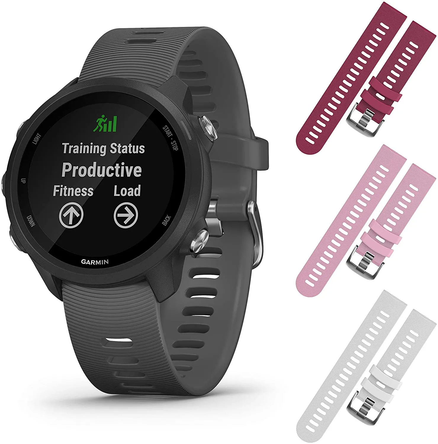 Garmin Forerunner 245 GPS Running Smartwatch with Included Wearable4U 3 Straps Bundle (Slate Grey 010-02120-00, Berry/Pink/White)