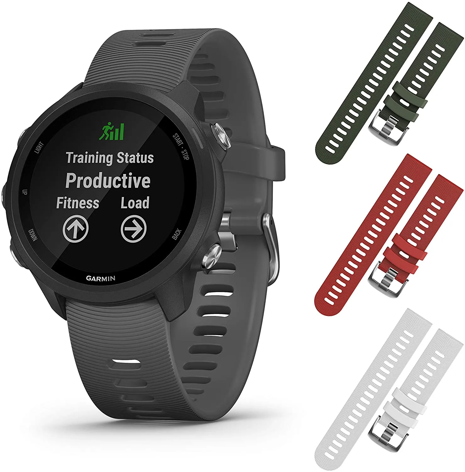 Garmin Forerunner 245 GPS Running Smartwatch with Included Wearable4U 3 Straps Bundle (Slate Grey 010-02120-00, Khaki/Red/White)