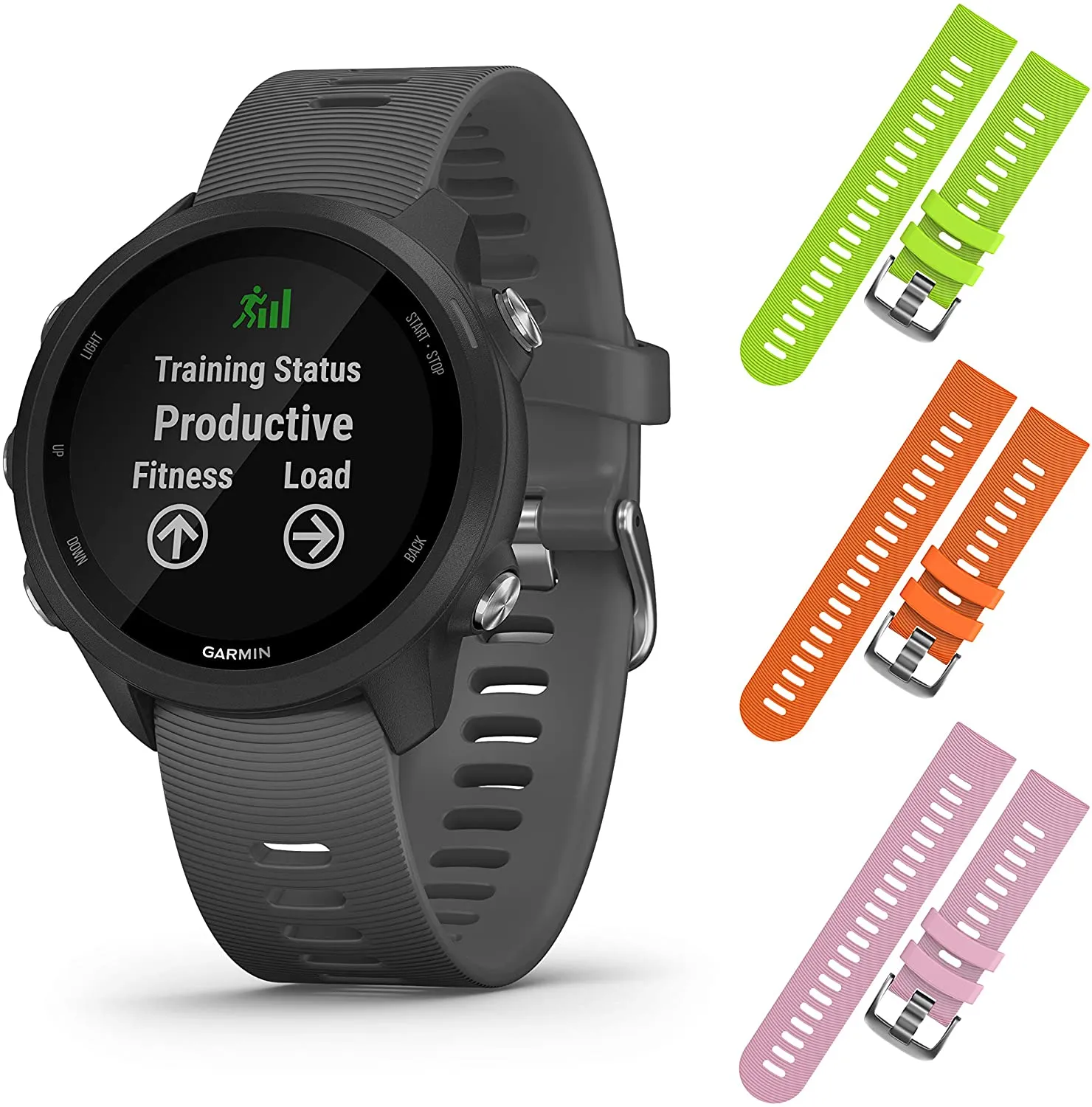Garmin Forerunner 245 GPS Running Smartwatch with Included Wearable4U 3 Straps Bundle (Slate Grey 010-02120-00, Lime/Orange/Pink)