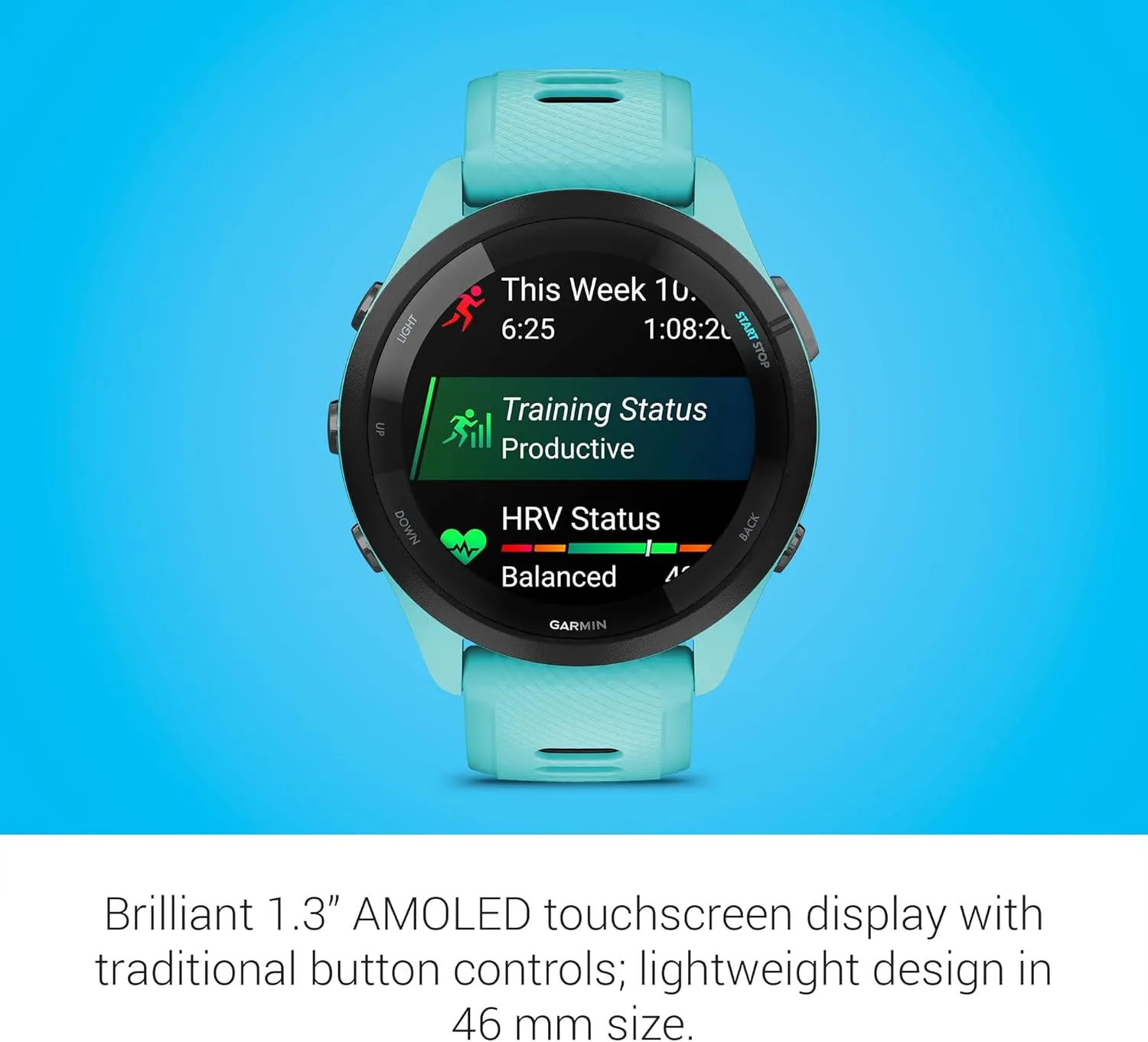 Garmin Forerunner 265 Running Smartwatch, Colorful AMOLED Display, Training Metrics and Recovery Insights, Aqua and Black, 46 mm (Renewed)