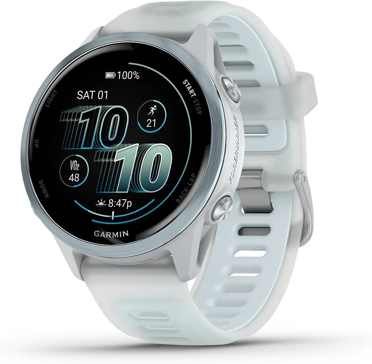 Garmin® Forerunner® 570, 42mm, Advanced GPS Running and Triathlon Smartwatch, AMOLED Display, Training and Recovery Features, Cloud Blue Aluminum with Translucent Whitestone/Cloud Blue Band