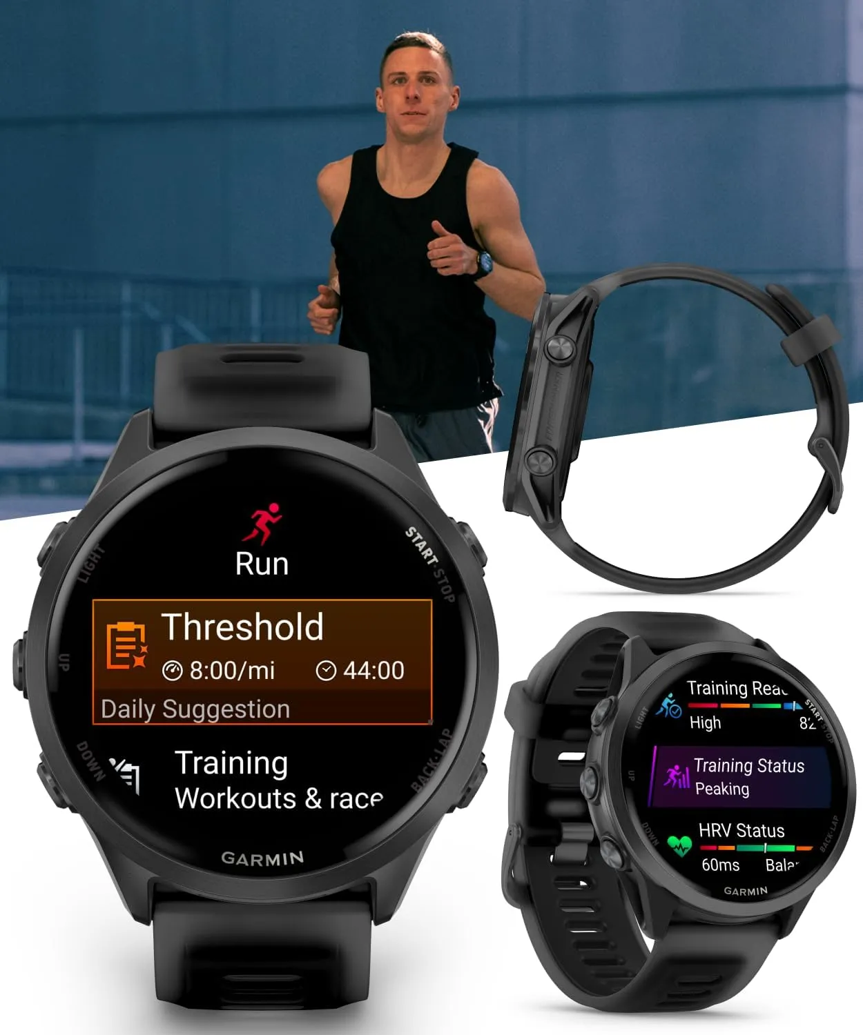 Garmin Forerunner 570 47mm Advanced GPS Running & Triathlon Smartwatch, AMOLED Display, Training & Recovery, Slate Gray Aluminum, Translucent Black & Black Band w/ Wearable4U BLK Earbuds Bundle