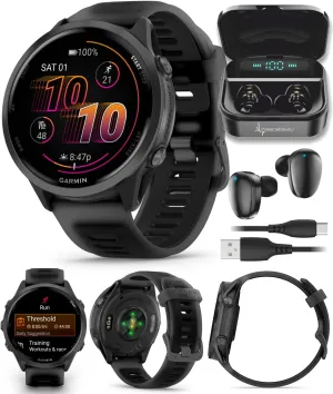 Garmin Forerunner 570 47mm Advanced GPS Running & Triathlon Smartwatch, AMOLED Display, Training & Recovery, Slate Gray Aluminum, Translucent Black & Black Band w/ Wearable4U BLK Earbuds Bundle