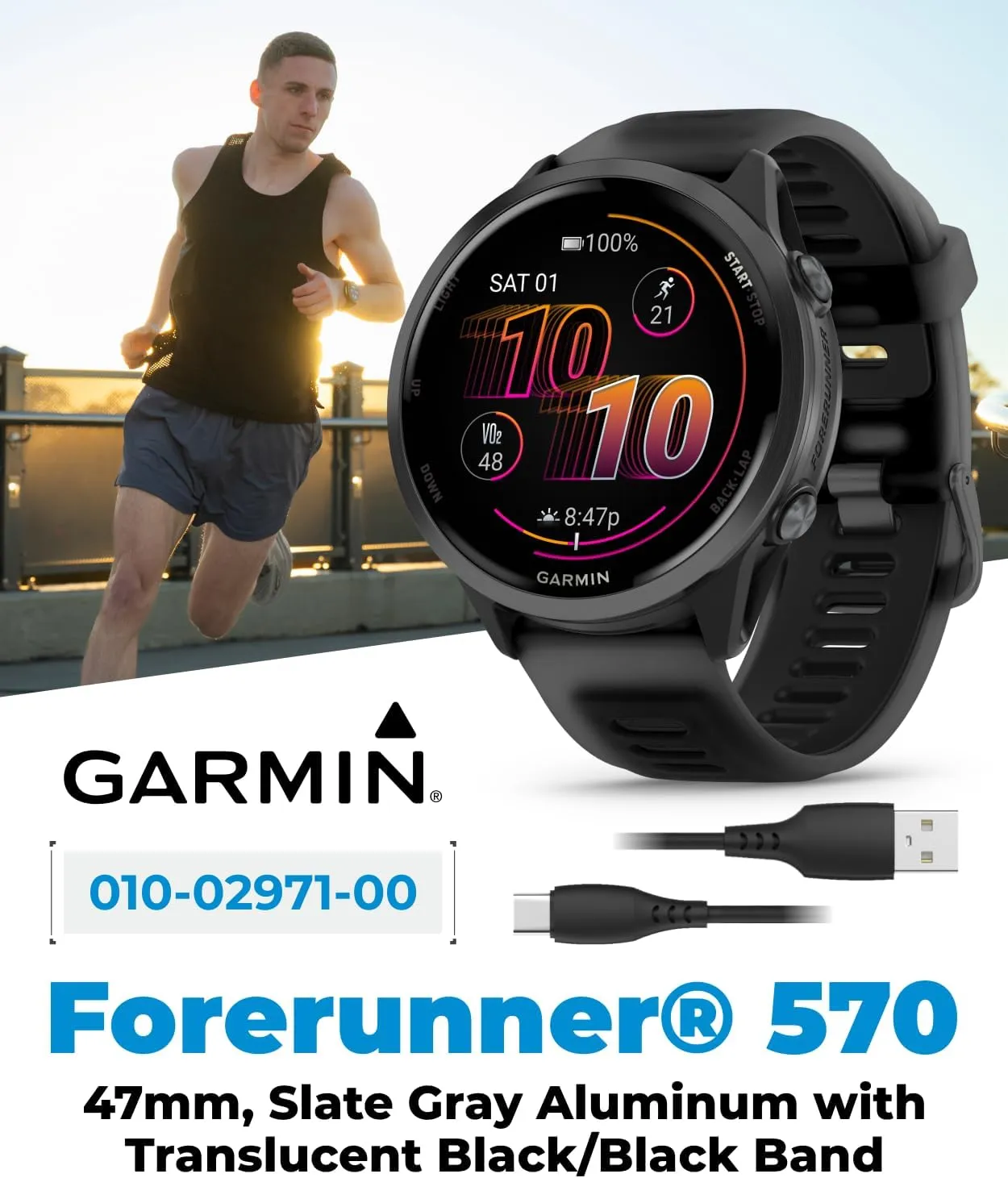 Garmin Forerunner 570 47mm Advanced GPS Running & Triathlon Smartwatch, AMOLED Display, Training & Recovery, Slate Gray Aluminum, Translucent Black & Black Band w/ Wearable4U BLK Earbuds Bundle