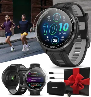 Garmin Forerunner 965 (Black/Powder Gray) Running & Triathlon GPS Smartwatch Gift Box Bundle - AMOLED Display, Lightweight, 31-Hour Battery - Includes PlayBetter Screen Protectors, Wall Adapter & Case