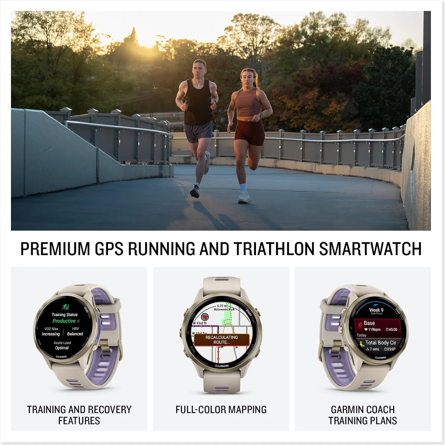 Garmin® Forerunner® 970, Premium GPS Running and Triathlon Smartwatch, AMOLED Display, Built-in LED Flashlight, Soft Gold Titanium with French Gray Case and French Gray/Translucent Indigo Band