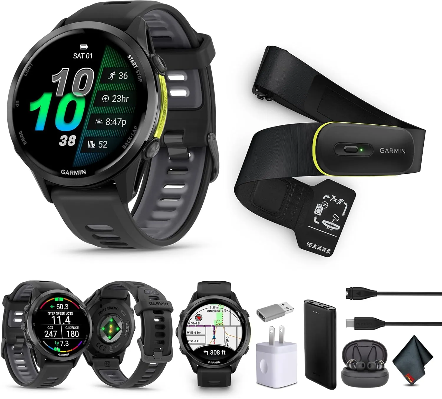 Garmin Forerunner 970 Running Smartwatch, GPS Fitness Watch for Men and Women, Carbon Gray DLC Titanium with Black Case/Translucent Whitestone Band​​   Access 600 Fitness Monitor, M-XL​   More