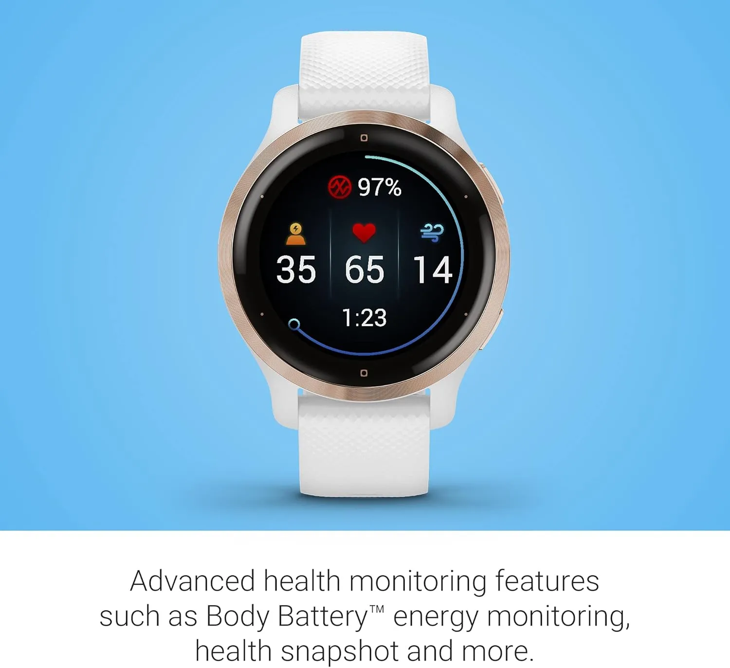 Garmin Venu 2S, Smaller-sized GPS Smartwatch with Advanced Health Monitoring and Fitness Features, Rose Gold Bezel with White Case and Silicone Band