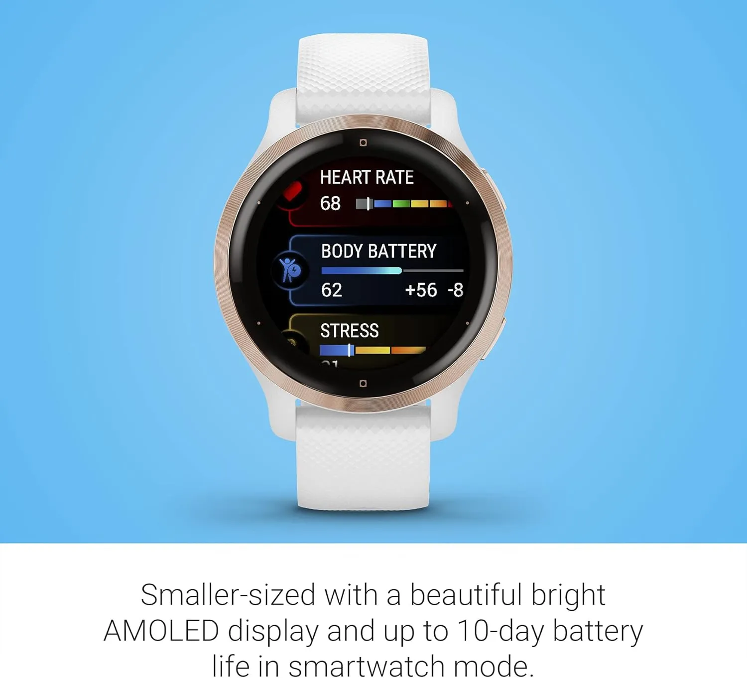 Garmin Venu 2S, Smaller-sized GPS Smartwatch with Advanced Health Monitoring and Fitness Features, Rose Gold Bezel with White Case and Silicone Band