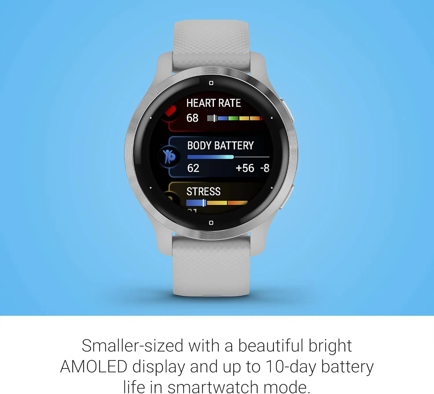 Garmin Venu 2S, Smaller-sized GPS Smartwatch with Advanced Health Monitoring and Fitness Features, Silver Bezel with Light Gray Case and Silicone Band