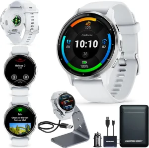 Garmin Venu 3 Running GPS Smartwatch with AMOLED Display, Advanced Health, Fitness Features, Up to 14 Day Battery Life with Signature Power Bundle | Silver with Whitestone Silicone Band