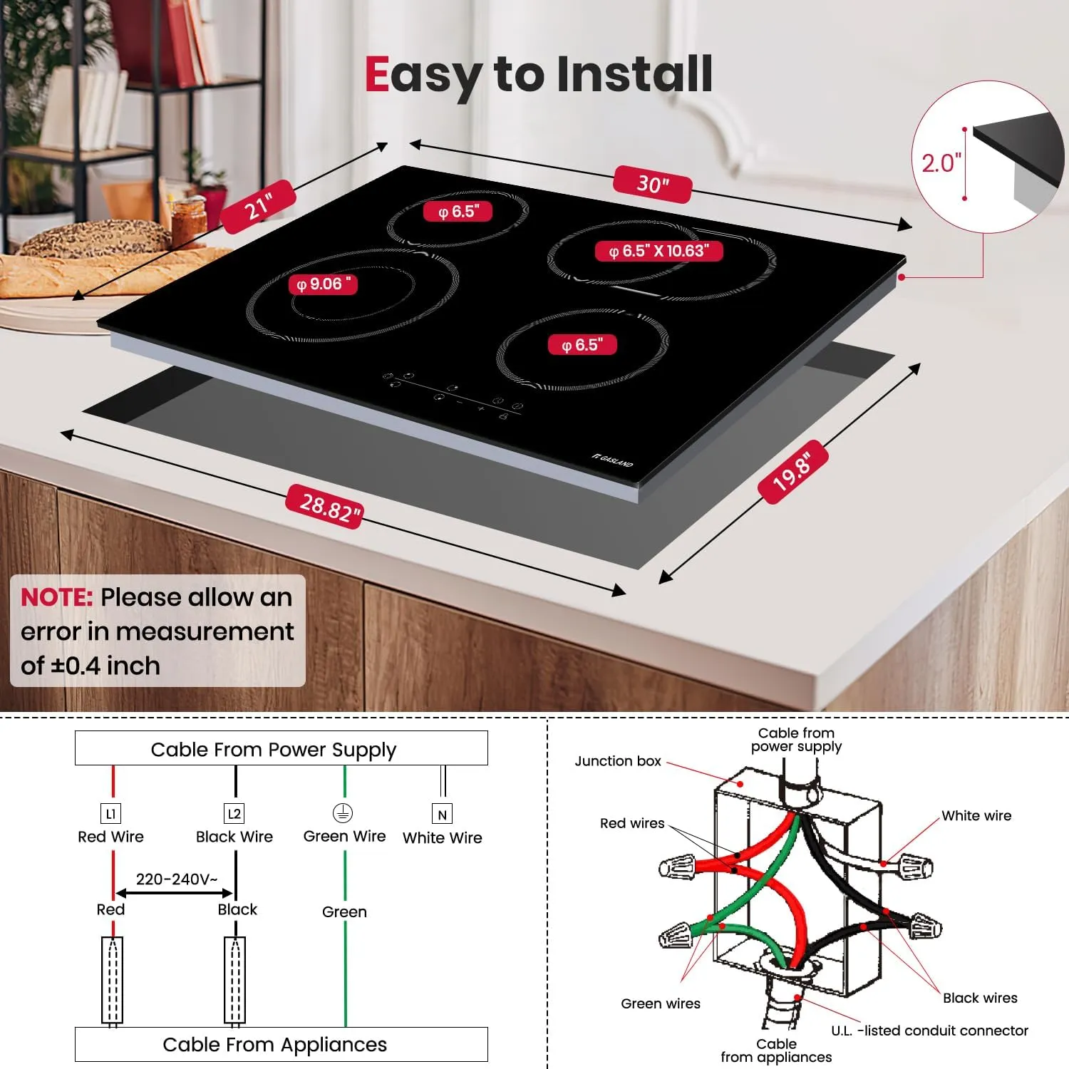 GASLAND Electric Cooktop 30 Inch, 6600W Radiant Glass Stove Top CH77BF Drop-in 4 Cooking Zones Ceramic Cooktop with 9 Power Levels, Sensor Touch Control, Child Safety Lock, 240V, 1-99 Minute Timer