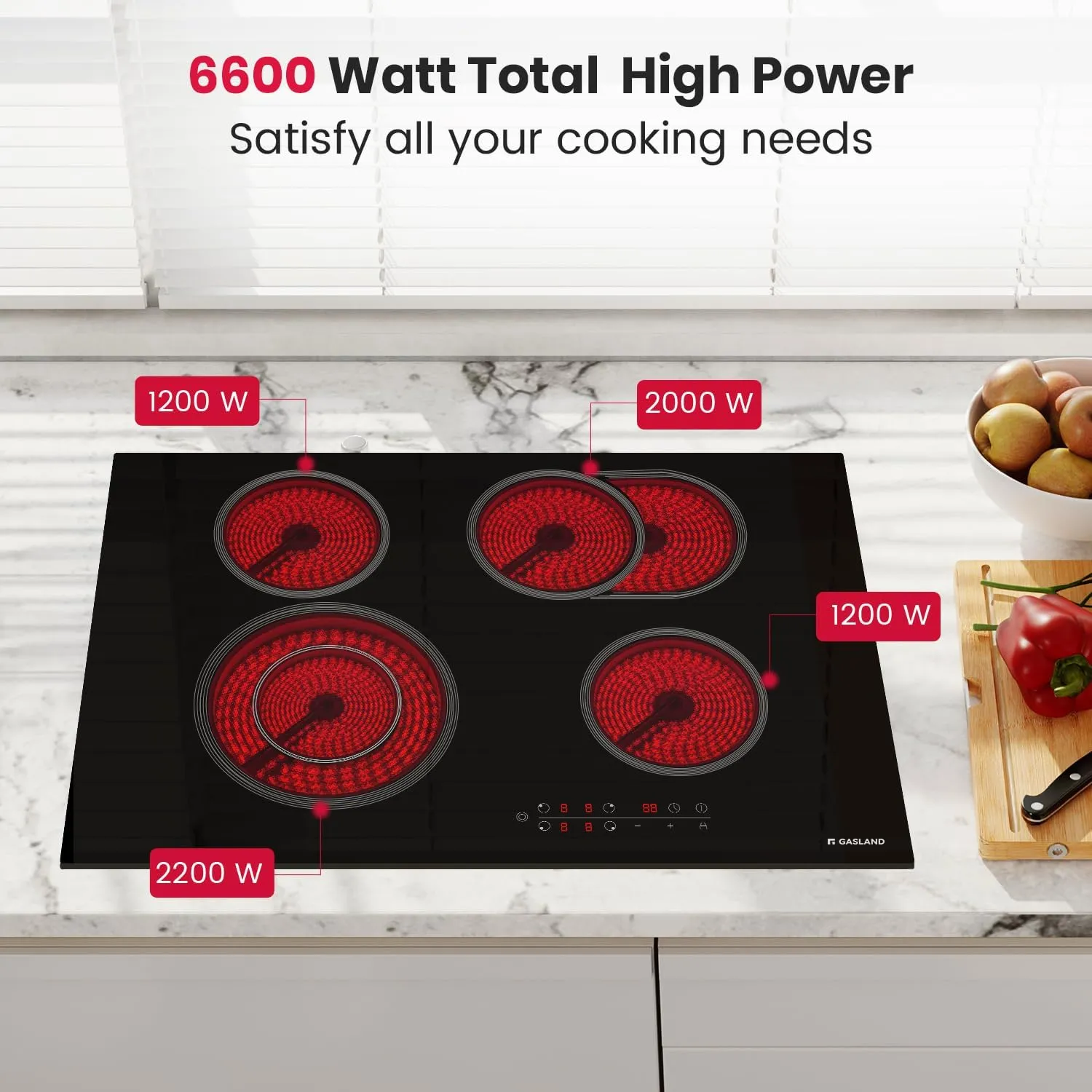 GASLAND Electric Cooktop 30 Inch, 6600W Radiant Glass Stove Top CH77BF Drop-in 4 Cooking Zones Ceramic Cooktop with 9 Power Levels, Sensor Touch Control, Child Safety Lock, 240V, 1-99 Minute Timer