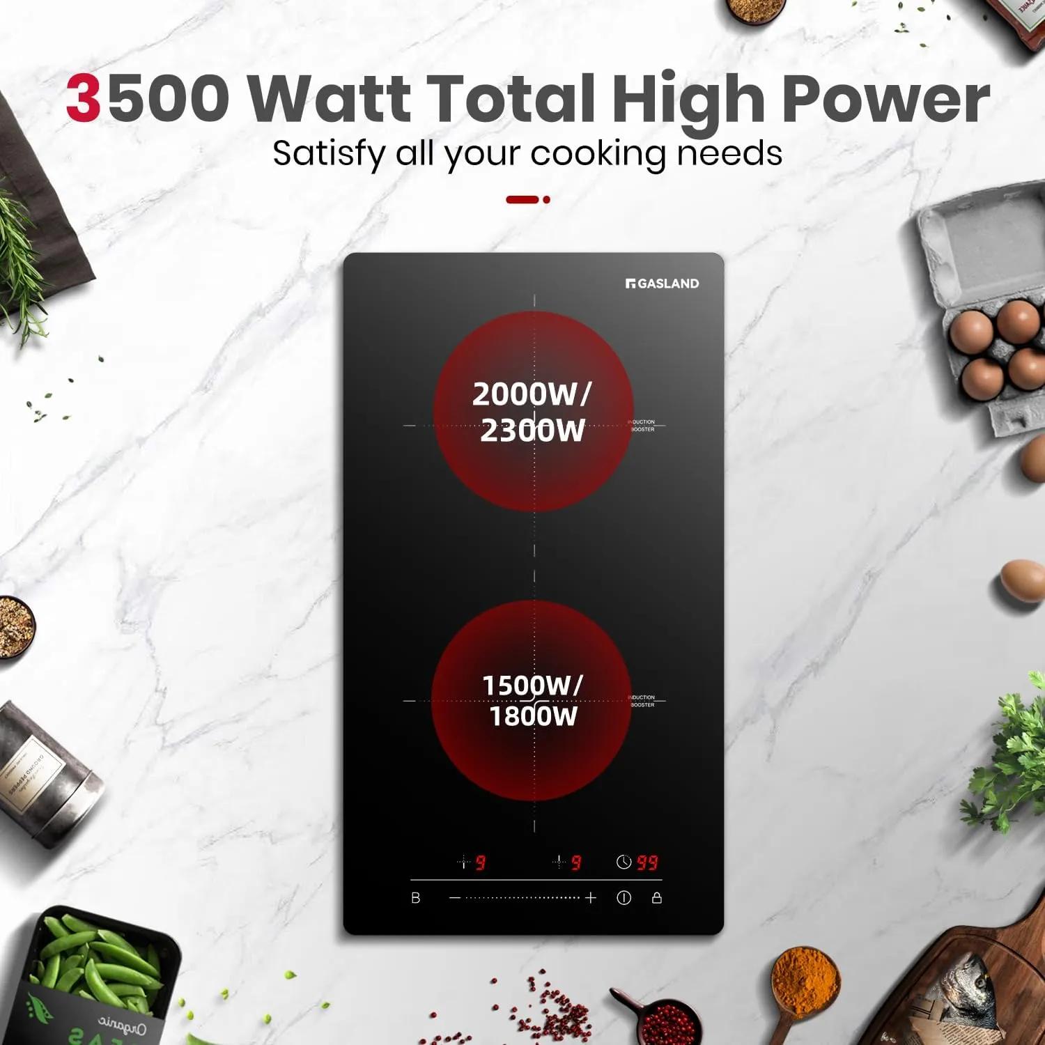 GASLAND Induction Cooktop 2 Burner, 3500W Built-in Induction Stovetop with Booster and Timer, 240V Electric Stove, 9 Power Levels, Slide Touch Control, Child Safety Lock