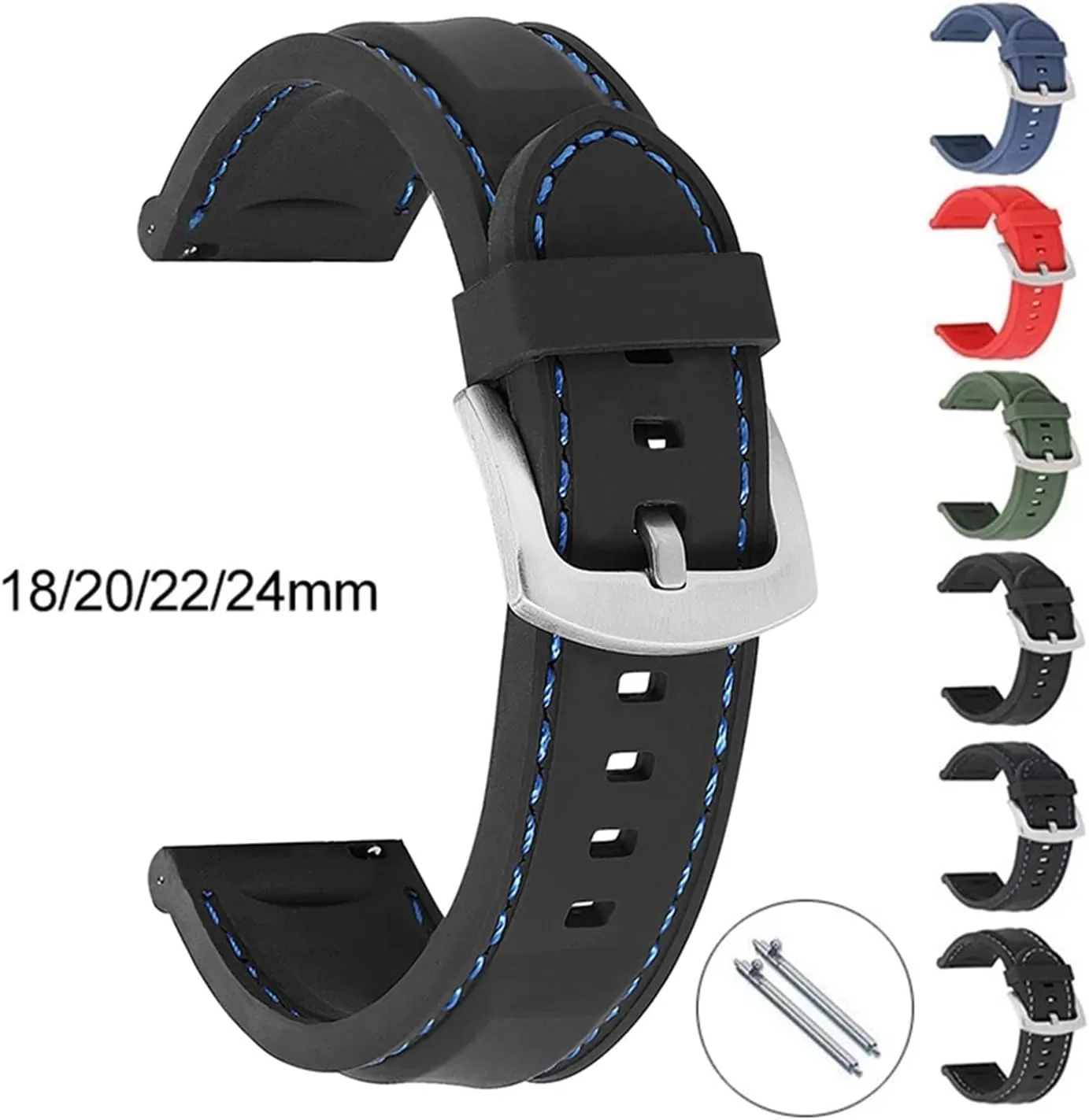 GGZONE RHAIYAN Silicone Rubber Watch Strap 18mm 20mm 22mm 24mm Watch Band Watch Strap Diving Waterproof Bracelet Replacement Compatible with Men Women(Black Blue Silver,20mm)