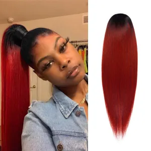 GLAM21USA Straight 28 Inch Long Drawstring Ponytail Extension for Black Women Natural Clip in Hair Extension Fake Ponytail Synthetic Hair Piece (28 Inch, OTREDWINE)