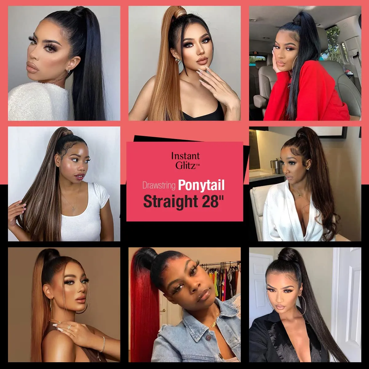 GLAM21USA Straight 28 Inch Long Drawstring Ponytail Extension for Black Women Natural Clip in Hair Extension Fake Ponytail Synthetic Hair Piece (28 Inch, OTREDWINE)