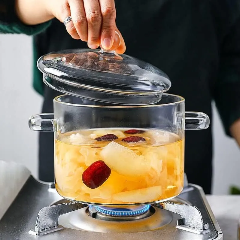 Glass Pots with Cover, Heat-Resistant Glass Saucepan Cooking Pot for Pasta Noodle, Soup, Milk, Food (1900ml/64OZ)