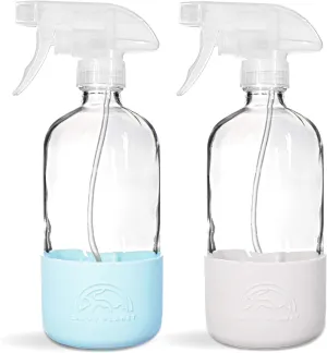 Glass Spray Bottles for Cleaning, Silicone Sleeve Bottom for Protection, Reusable Glass Spray Bottles 16 Oz With Adjustable Nozzle Settings (2 Pack)