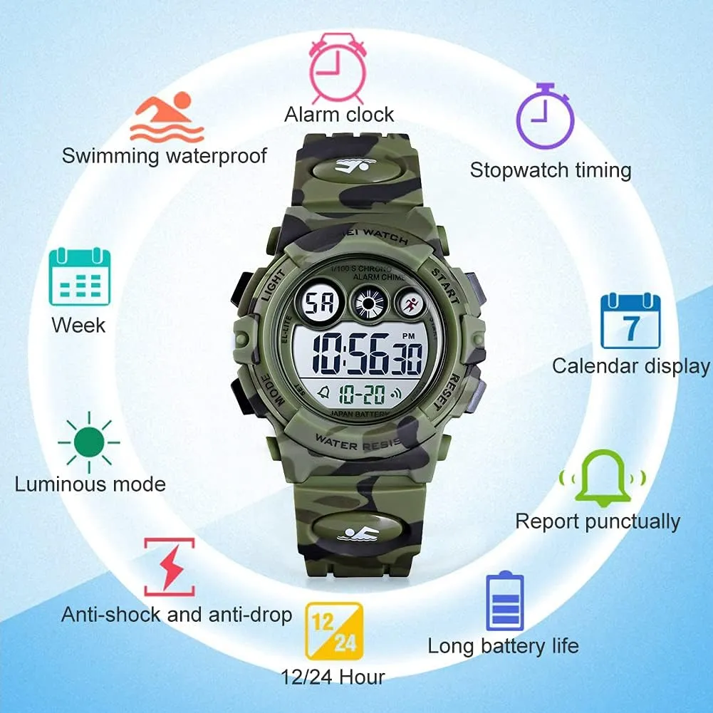 GOLDEN HOUR Watches for Kids Digital Sport Waterproof Boys Girls Watch Outdoor 12/24 H Alarm EL Backlight Stopwatch Military Child Wristwatch Ages 3-15