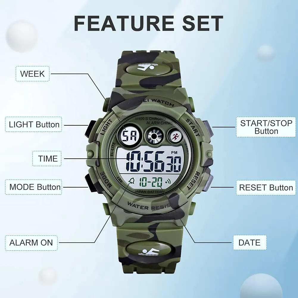 GOLDEN HOUR Watches for Kids Digital Sport Waterproof Boys Girls Watch Outdoor 12/24 H Alarm EL Backlight Stopwatch Military Child Wristwatch Ages 3-15
