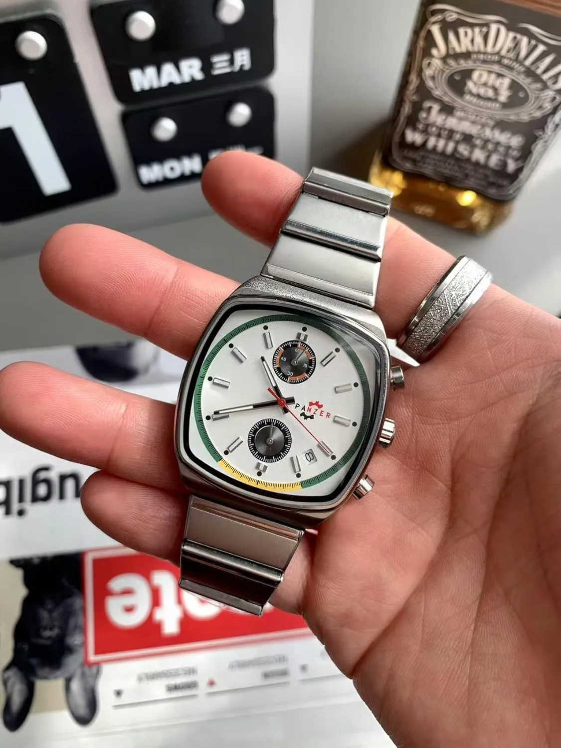 Gosasa Fashion Business Square Mens Watches Luminous Waterproof Quartz Watch with Calendar & Chronograph - Stylish Gold & Silver Wristwatch Stainless Steel Band