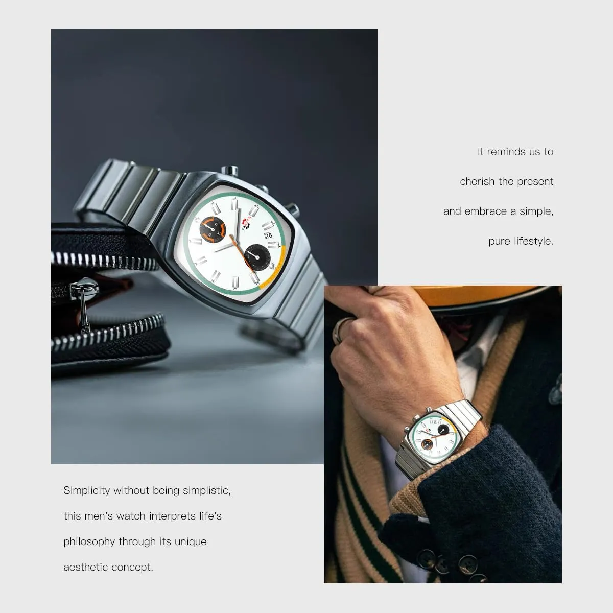 Gosasa Fashion Business Square Mens Watches Luminous Waterproof Quartz Watch with Calendar & Chronograph - Stylish Gold & Silver Wristwatch Stainless Steel Band