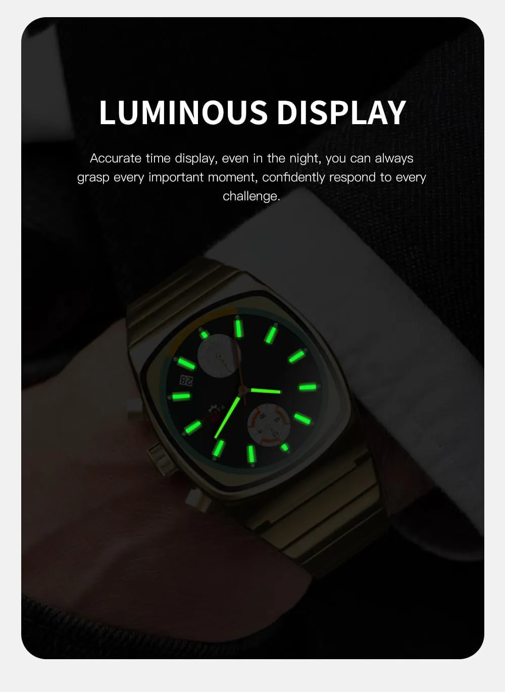 Gosasa Fashion Business Square Mens Watches Luminous Waterproof Quartz Watch with Calendar & Chronograph - Stylish Gold & Silver Wristwatch Stainless Steel Band
