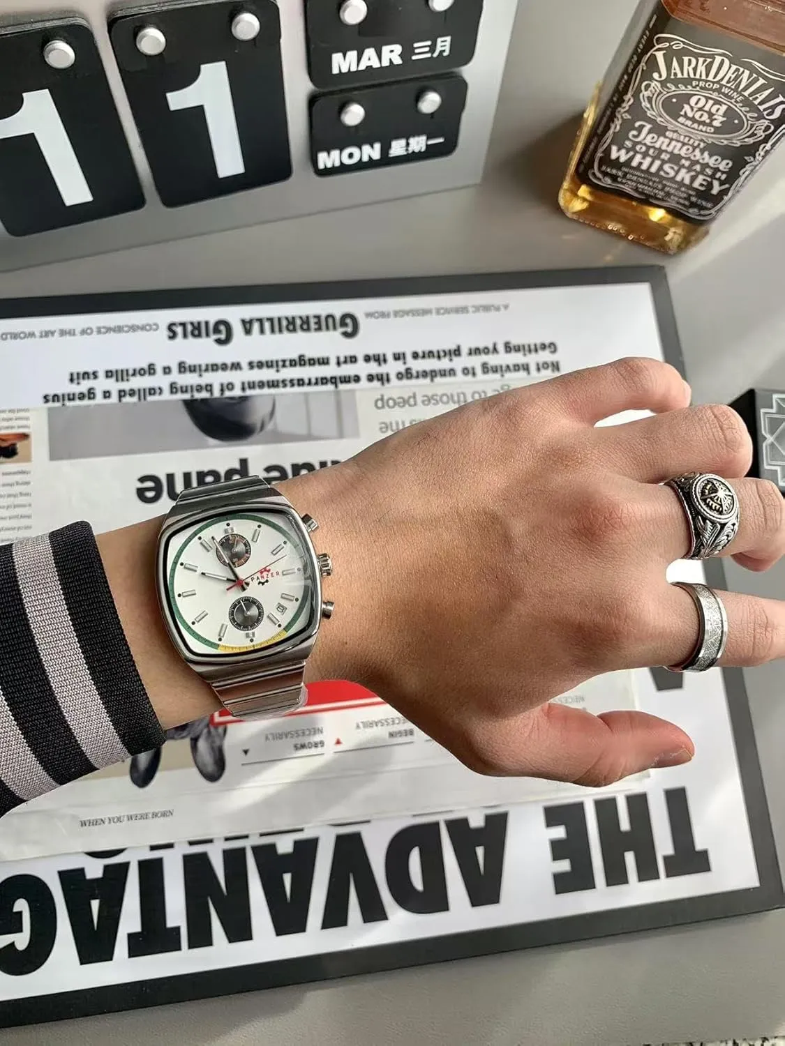 Gosasa Fashion Business Square Mens Watches Luminous Waterproof Quartz Watch with Calendar & Chronograph - Stylish Gold & Silver Wristwatch Stainless Steel Band