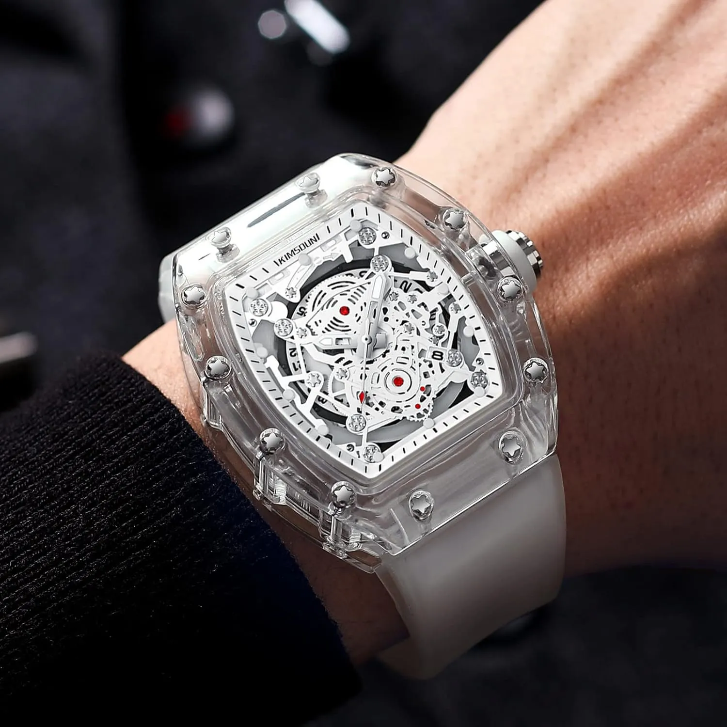 Gosasa Fashion Hollowed Men Watches Tonneau Transparent Analog Display Silicone Strap Calendar Quartz Waterproof Trend Male Wrist Watch
