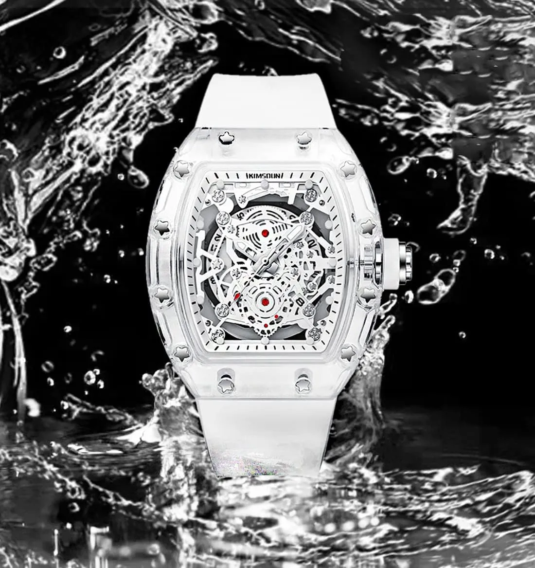 Gosasa Fashion Hollowed Men Watches Tonneau Transparent Analog Display Silicone Strap Calendar Quartz Waterproof Trend Male Wrist Watch