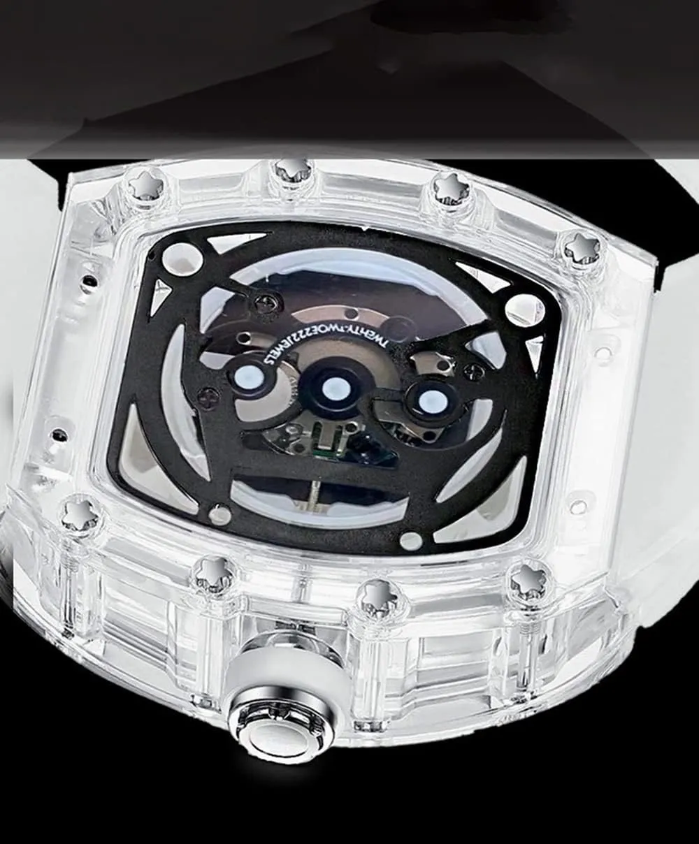 Gosasa Fashion Hollowed Men Watches Tonneau Transparent Analog Display Silicone Strap Calendar Quartz Waterproof Trend Male Wrist Watch