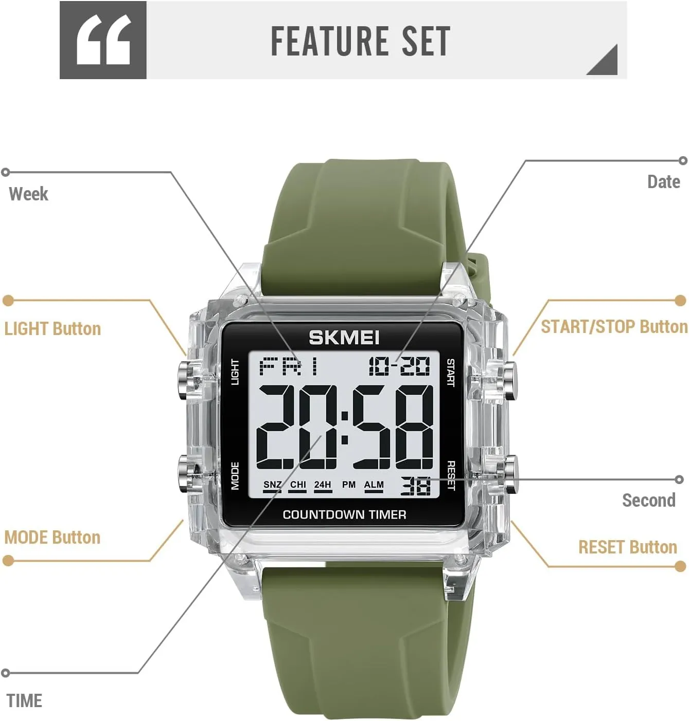 Gosasa Square Men's Digital Watch Big Numbers Dial Large Face Waterproof Unisex Silicone Strap LED Watches