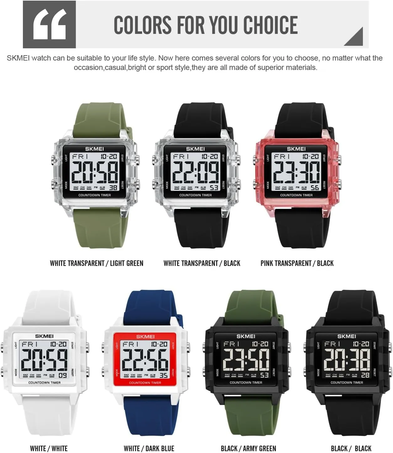 Gosasa Square Men's Digital Watch Big Numbers Dial Large Face Waterproof Unisex Silicone Strap LED Watches