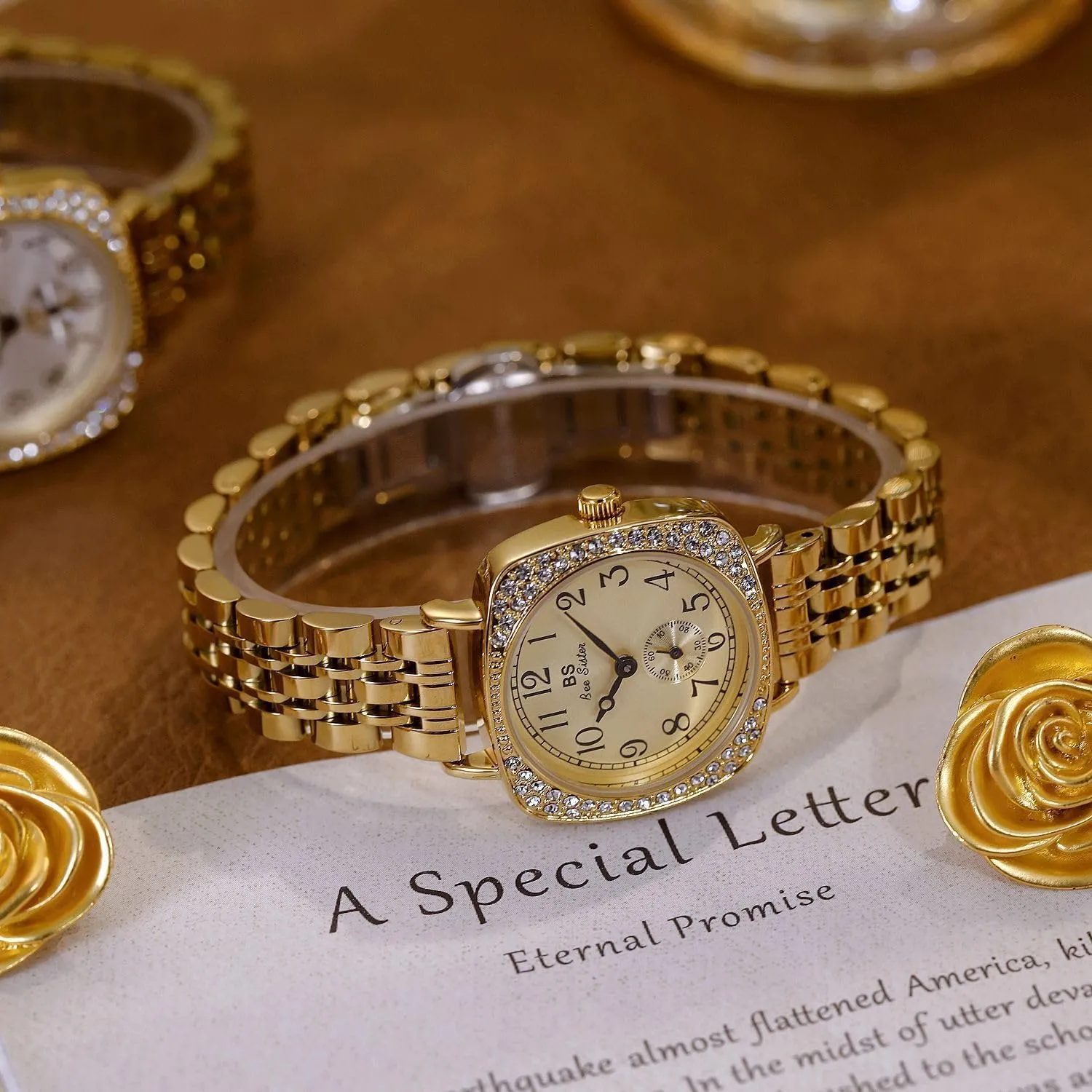 Gosasa Square Vintage Gold Watch for Women Analog Quartz Watch Easy Reader Stainless Steel Band Dainty Ladies Casual Dress Wristwatch Waterproof Luxury Bracelet