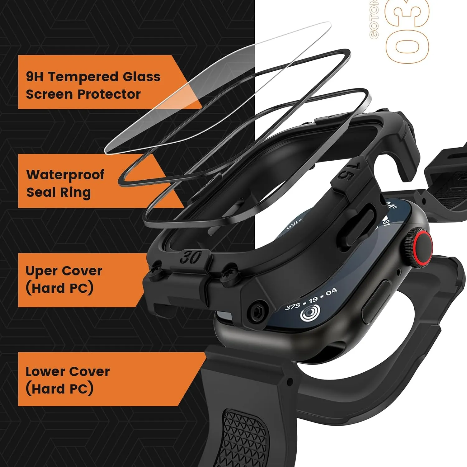 Goton 3 in 1 Waterproof Case and Band with Tempered Glass Screen Protector for Apple Watch Series 10 9 8 7 6 5 4 SE2 SE Ultra 46mm 42mm 44mm 40mm 45mm 41mm 49mm, Bumper Cover for iWatch Accessories