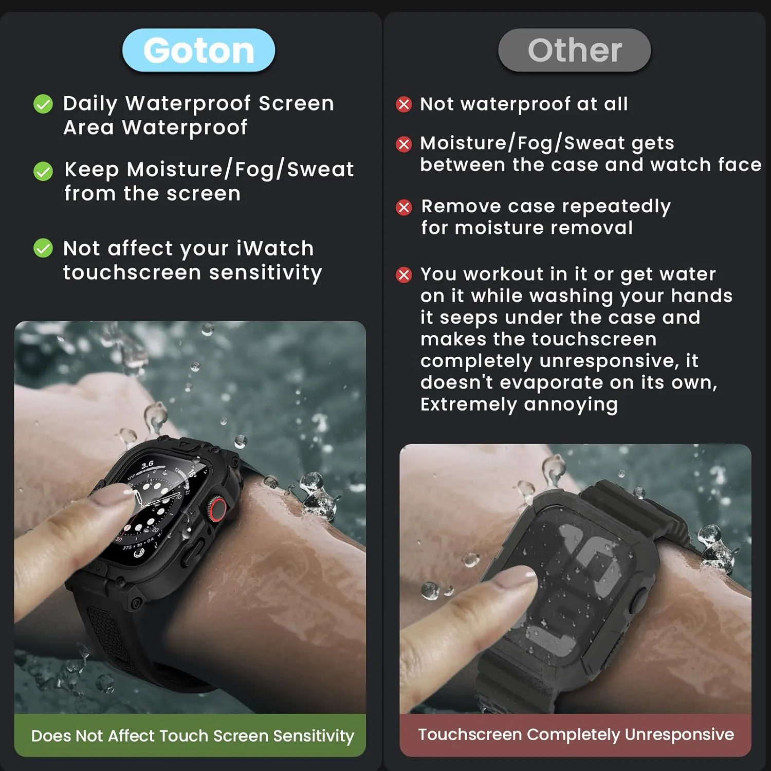 Goton 3 in 1 Waterproof Case and Band with Tempered Glass Screen Protector for Apple Watch Series 10 9 8 7 6 5 4 SE2 SE Ultra 46mm 42mm 44mm 40mm 45mm 41mm 49mm, Bumper Cover for iWatch Accessories