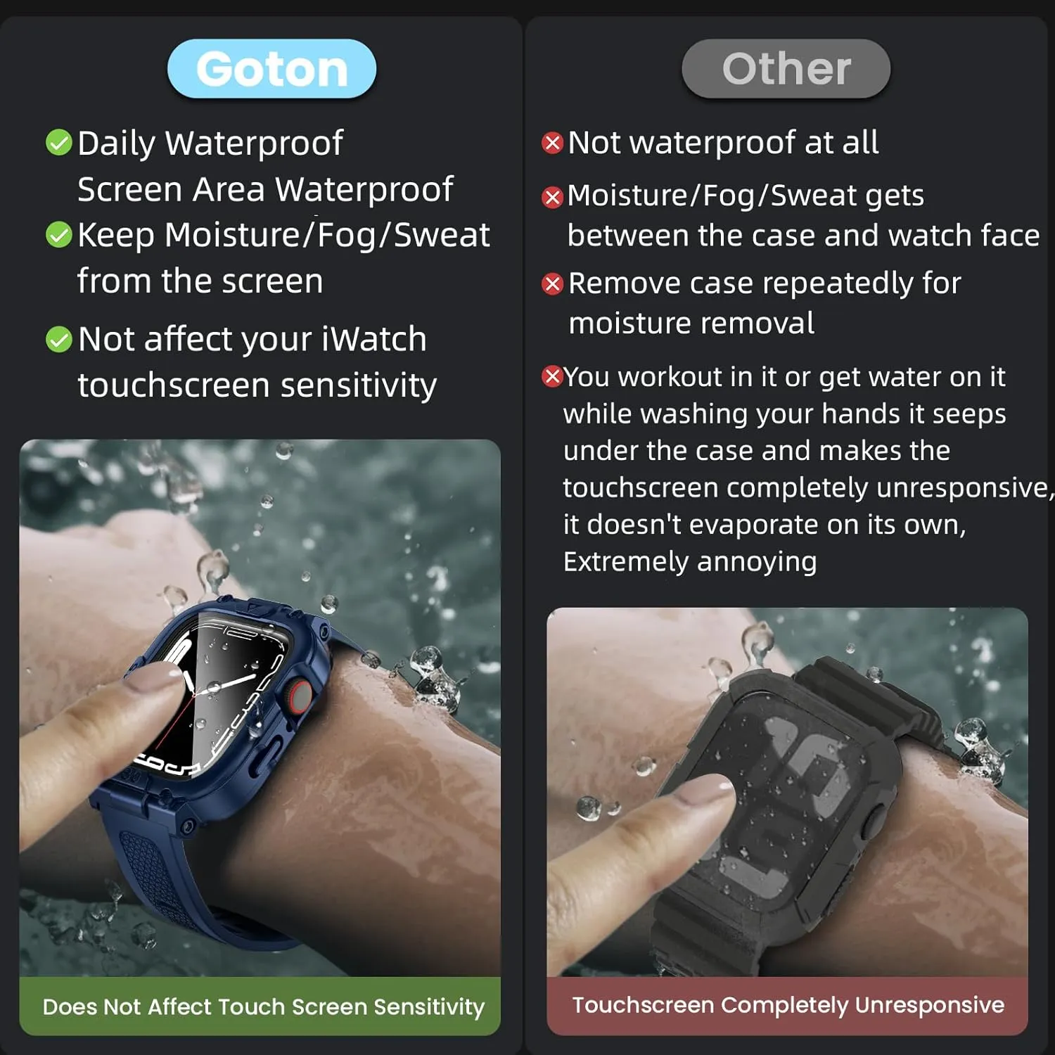 Goton 3 in 1 Waterproof Case and Band with Tempered Glass Screen Protector for Apple Watch Series 10 9 8 7 6 5 4 SE2 SE Ultra 46mm 42mm 44mm 40mm 45mm 41mm 49mm, Bumper Cover for iWatch Accessories