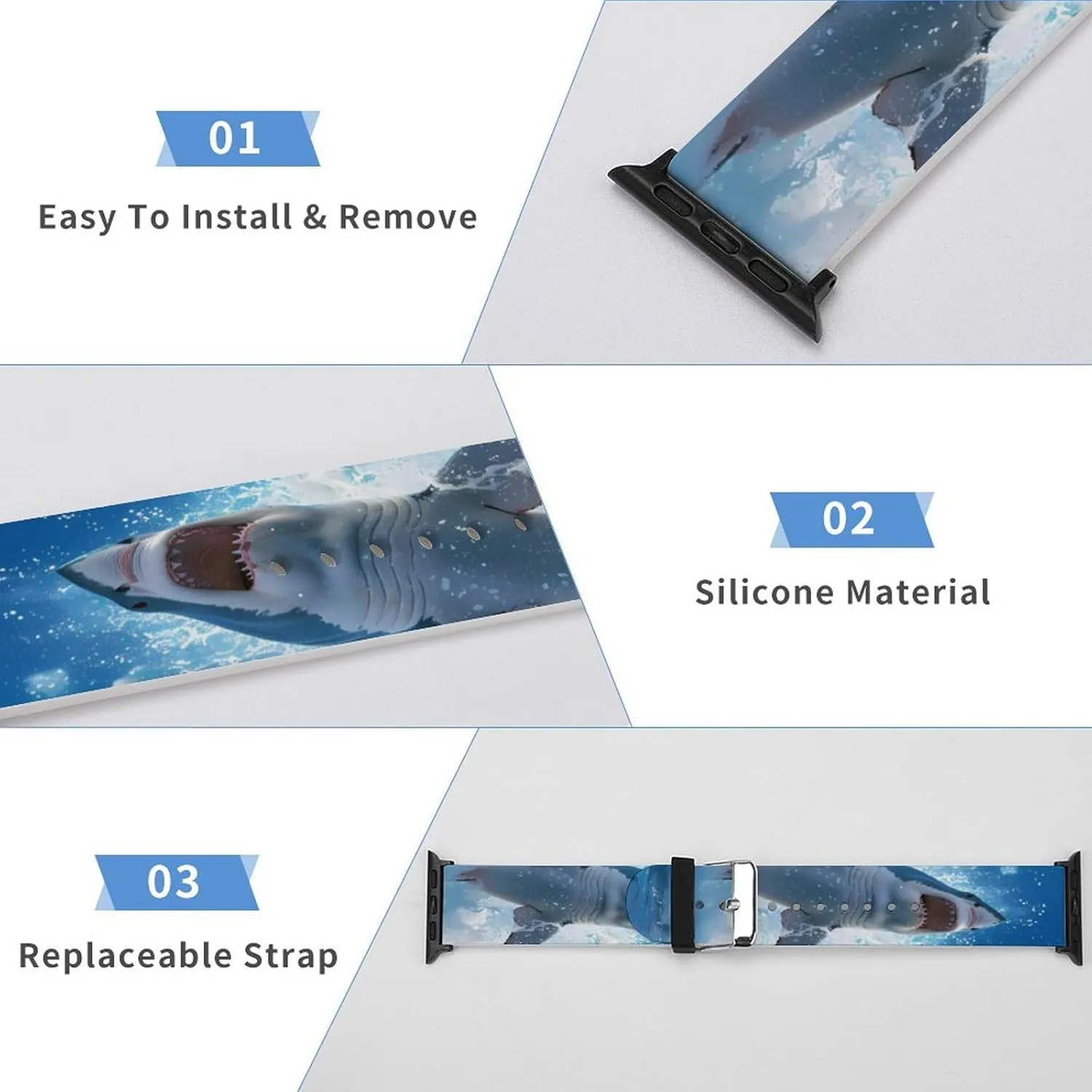 Great White Shark Animal Watch Bands Silicone Strap Sport Bands Replacement Strap Wristbands Compatible with Apple Watch