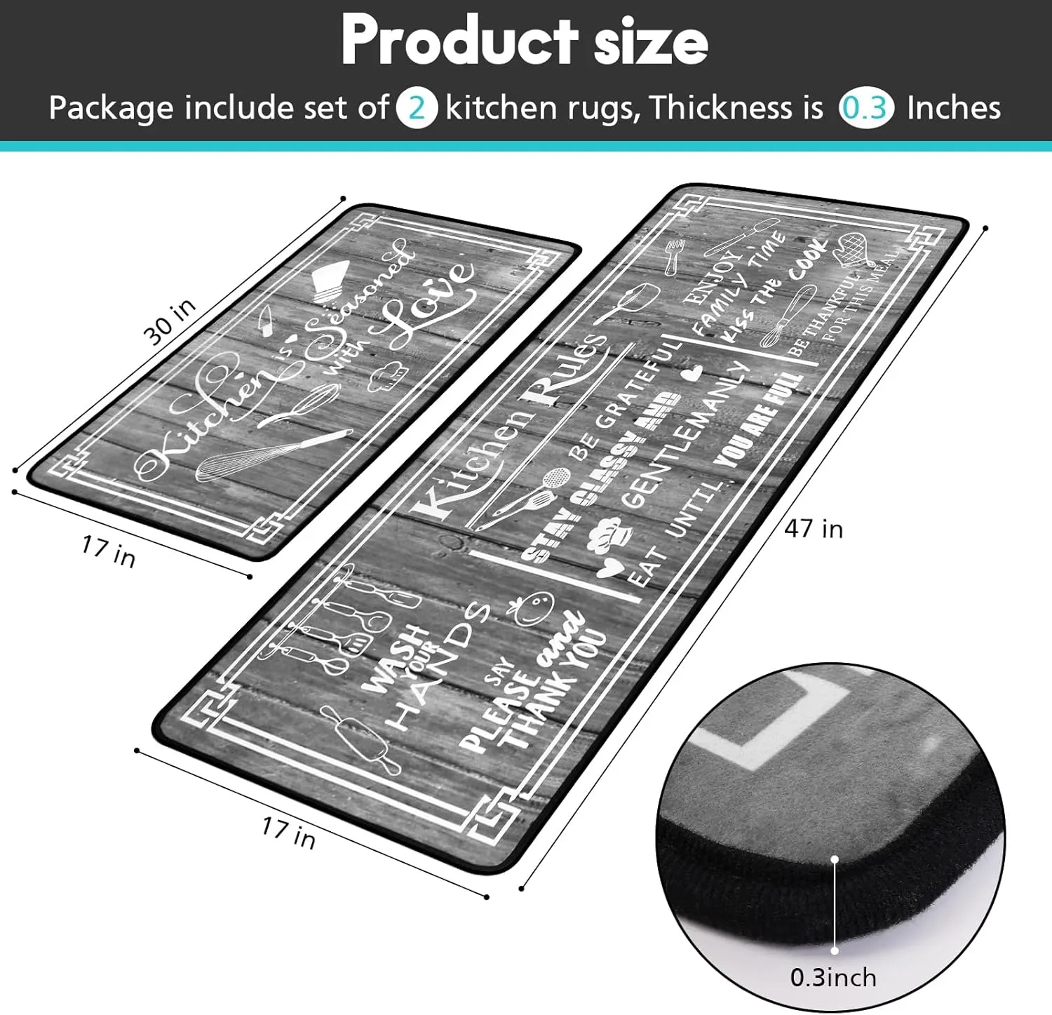 Grey Kitchen Rugs,Non Skid Washable Microfiber Kitchen mats for Floor, Kitchen Rules Theme Kitchen Cushioned Runner Rug Decor Sets of 2,Size 17"x 47" 17"x 30"