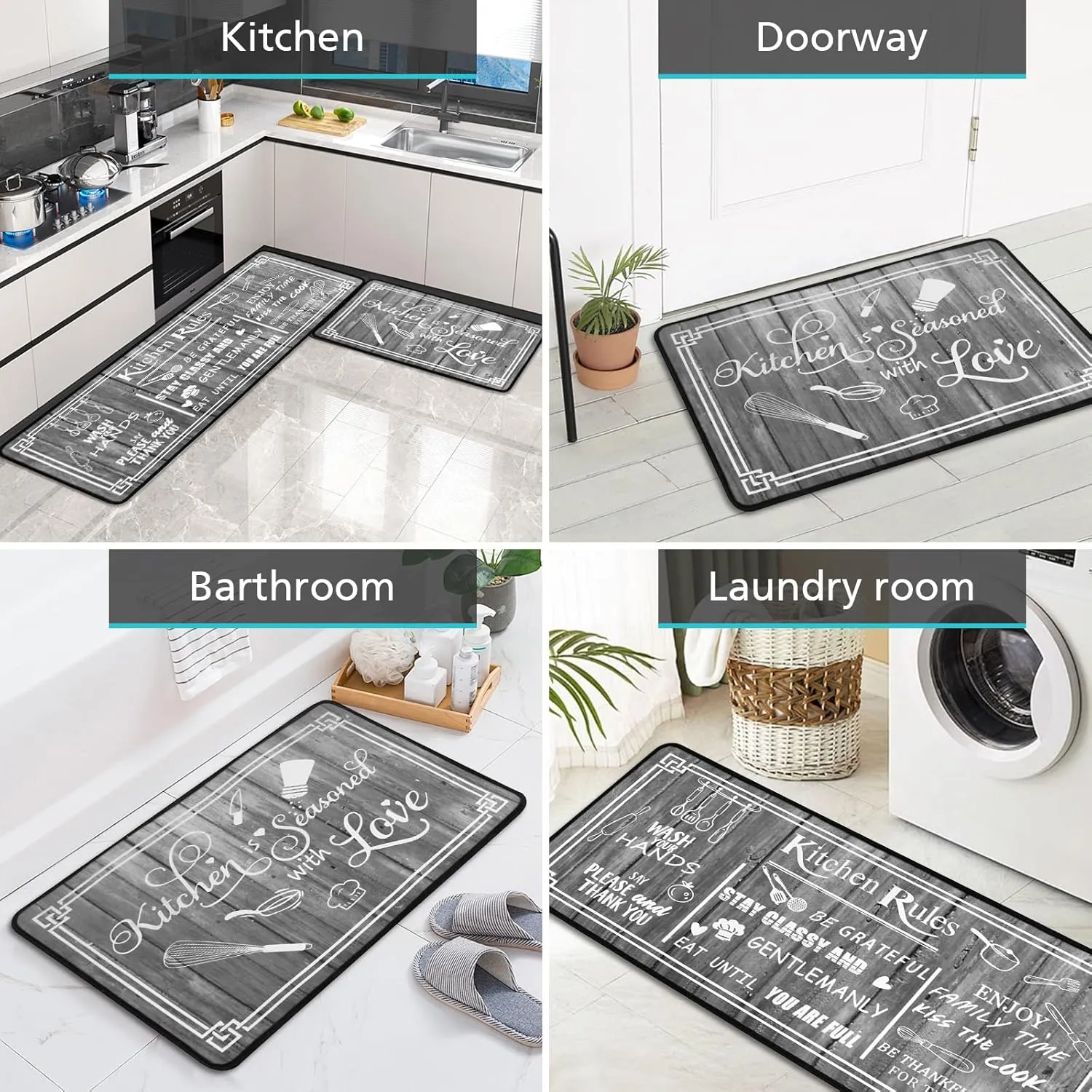 Grey Kitchen Rugs,Non Skid Washable Microfiber Kitchen mats for Floor, Kitchen Rules Theme Kitchen Cushioned Runner Rug Decor Sets of 2,Size 17"x 47" 17"x 30"