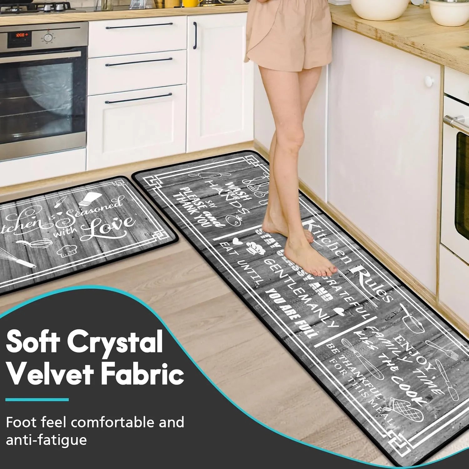 Grey Kitchen Rugs,Non Skid Washable Microfiber Kitchen mats for Floor, Kitchen Rules Theme Kitchen Cushioned Runner Rug Decor Sets of 2,Size 17"x 47" 17"x 30"